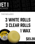 Vet 1 package which includes 3 white rolls, 3 clear rolls and 1 wax