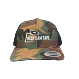 A camo snapback hat with a logo on the front reading 'BEST DAM TAPES'.