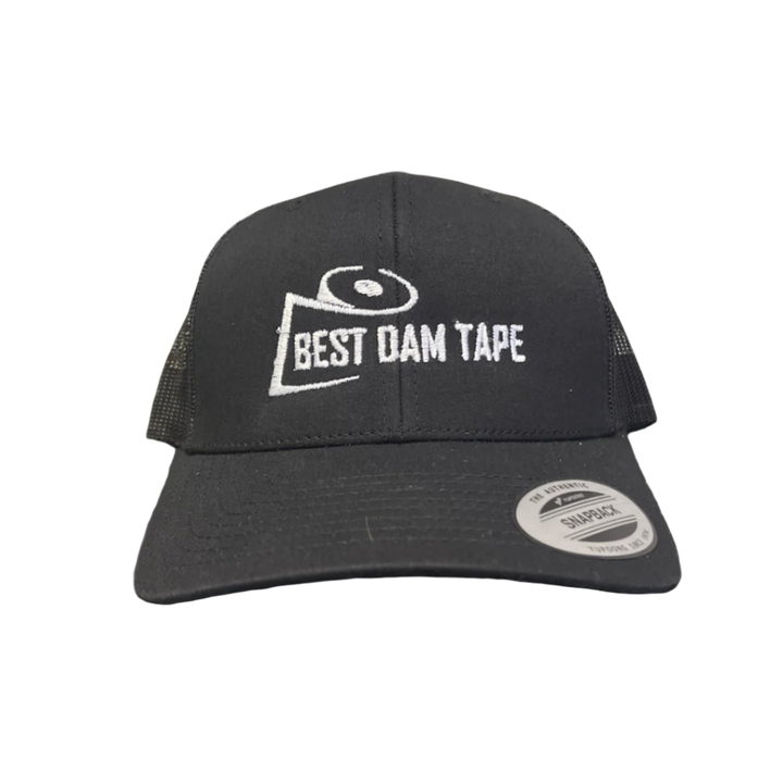 A black baseball cap with a logo on the front that reads 'BEST DAM TAPE'.