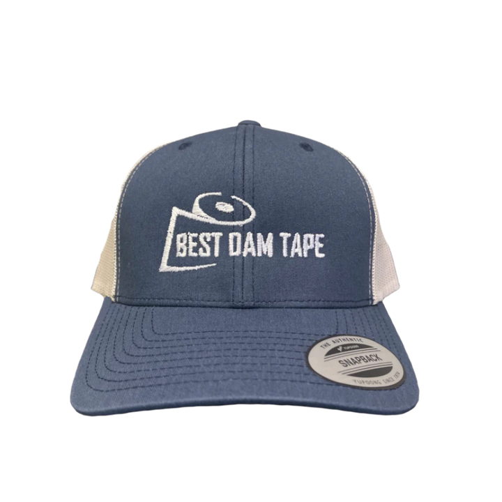 Navy blue snapback hat with the text 'BEST DAM TAPE' embroidered on the front.