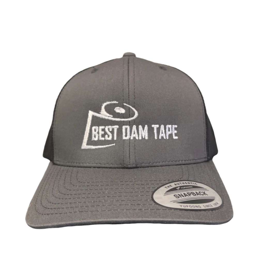 A gray baseball cap with 'BEST DAM TAPE' logo in white on the front.