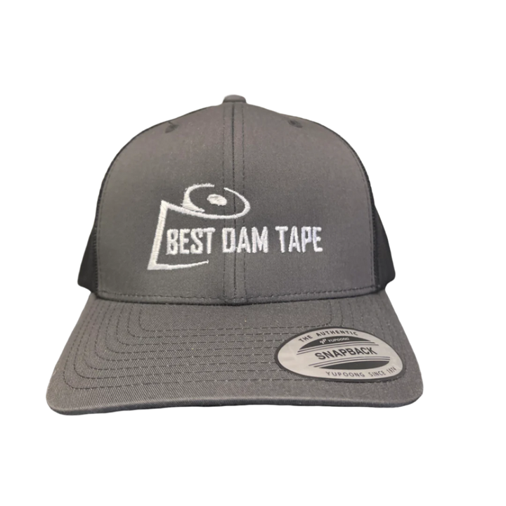 A gray baseball cap with 'BEST DAM TAPE' logo in white on the front.