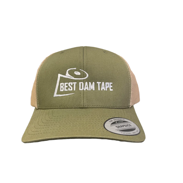 A green snapback hat with the text 'Best Dam Tape' printed on the front.