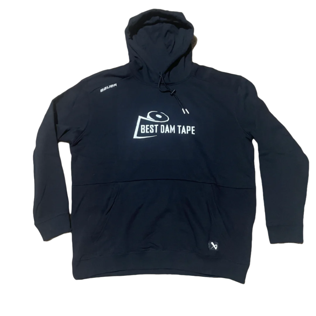 A black hooded sweatshirt with the text 'BEST DAM TAP' printed on the front.